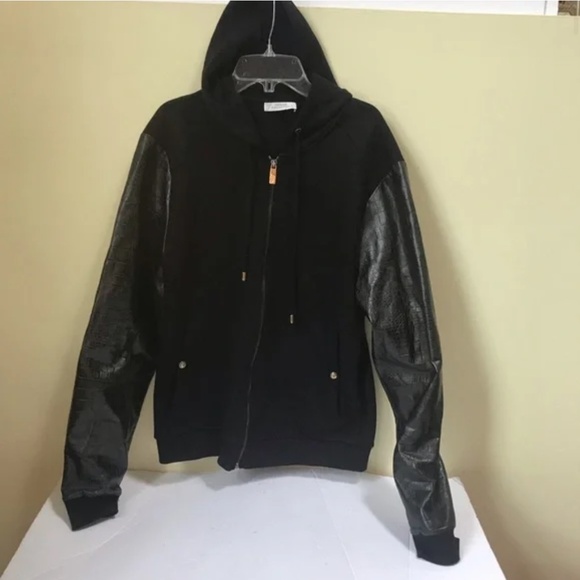 Versace Collection Hoodie Jacket Leather Cotton Sleeves Zip Up Hood Coat Logo MS - Picture 4 of 16